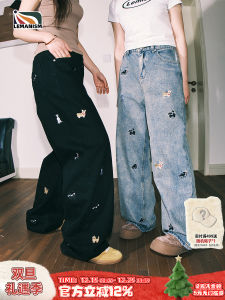 กางเกงยีนส์ทรงหลวมสำหรับผู้ชาย LeManism ปักลายสุนัขการ์ตูน ทรงตรง ทรงหลวม กางเกงยีนส์ทรงหลวมฤดูใบไม้ผลิและฤดูใบไม้ร่วงสำหรับคู่รัก