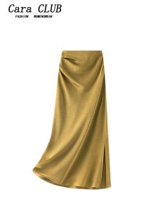 Váy Chữ a Cạp Cao Bằng Vải Satin Hai Lớp Cara CLUB Cỡ Lớn Cho Nữ Mùa Thu Váy Chữ a Dáng Rộng Váy Midi