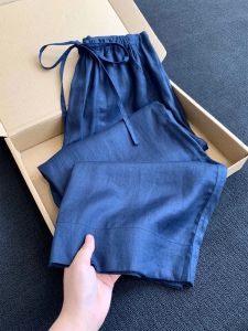 Blue Thin Straight Leg Wide Leg Pants Women Summer Lazy Loose Drawstring Casual Long Trousers Loose Fit High Waist Casual Style
