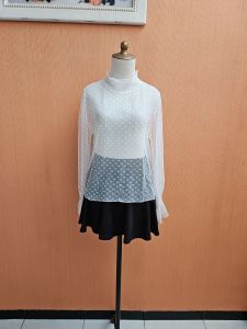 atasan wanita putih tile lace L cewek lengan panjang blouse MEWAH turtle neck