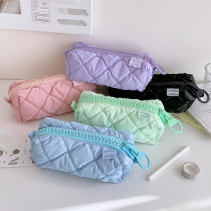 Back-to-School Season Large Zipper Quilted Pencil Case Fufu Candy Colored Stationery Storage Bag Girls Makeup Organizer