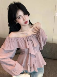 GUZILIAN | Unique Beautiful One-Shoulder Bubble Sleeve Purple Chiffon Shirt Womens Autumn French Style Standard Fit Long Sleeve Top