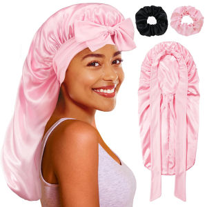 3PCS/LOT Long Tube Women Satin Bonnet Silky Elastic Night Sleeping Night Hat Beauty Salon Hair Care Hat Bathroom Cap Hair Ropes