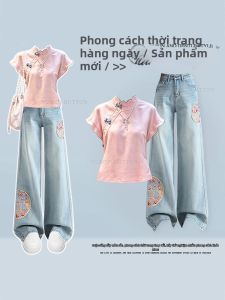 NUMEN BUTTON | Plus Size Unique Beautiful Chinese Style Set Short Sleeve with Straight Leg Jeans