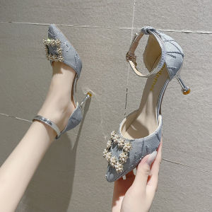 Giày Cao Gót Đế Xuồng Mũi Nhọn Mùa Hè Cho Nữ Giày Cao Gót Đế Bằng Khóa Đơn Đính Đá Hở Giữa Chân Phong Cách Hàn Quốc Thường Ngày