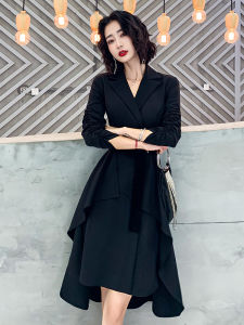 Elegant Black Evening Dress for Women Fashionable Mid-Waist A-Line Gown Long Sleeves Deep V-Neck Polyester Fiber Adult Ceremony