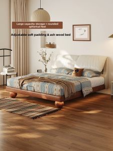 MEIZHAISHENGHUO | Double Bed Creamy Style Real Leather Soft Package Solid Wood