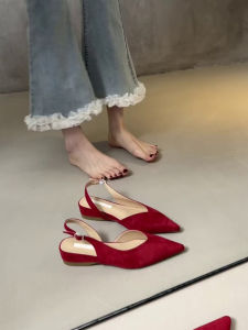 Lamb Skin Version Pointed Toe Elegant Slope Heel Head Cover Sandals Women Back Strap French Simple Evening Commuting Flats