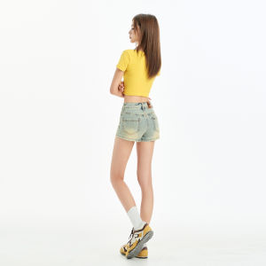 QIAOMIDUO | Summer American Retro Hot Girl Ultra-Short Denim Shorts Womens 2025 Trendy Streetwear Dark Wash Hot Pants Short Length