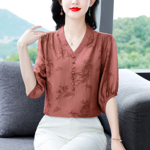 Silk Blouse Short Sleeve Womens Floral Shirt