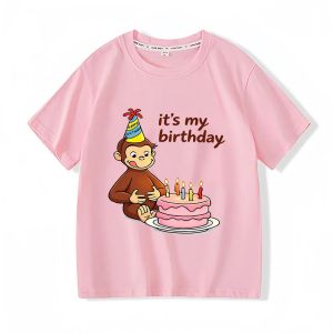 Bandai | Curious George 100% Cotton Childrens T-shirt Happy Birthday Cartoon Print Tees O-neck Boys Girls Short Sleeve Kids Tops Summer
