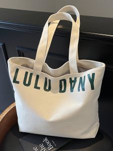 LULU Canvas Tote Bag Womens Fashionable All-Match Letter Bag Single Shoulder Handbag Commuter Bag Large Capacity Shopping Bag