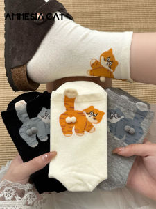Cute Cat Egg Cotton Socks Womens Mid-Calf Spring Autumn Style Cartoon Long Socks Breathable Moisture Wicking Home Comfortable