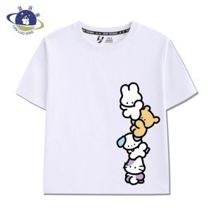 Bandai | Cute Cat Animal Print Boys Short-sleeved T-shirt for Summer Pure Cotton Cartoon Print Half-sleeved Top Childrens Clothing