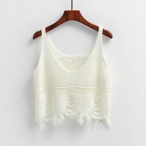 Spring New Arrival Pure Color Pit Stripes Tassel Cut Out All-Matching Tank Top Female V Neck Short Knitting Tops Vest