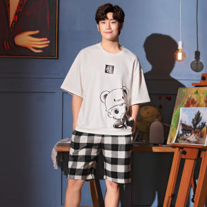 ชุดนอนผู้ชาย ชุดนอนผ้าฝ้ายแท้แขนสั้นลายการ์ตูน ชุดนอนลำลองบาง ชุดนอนผ้าฝ้ายแท้ ชุดนอนฤดูร้อนสำหรับนักเรียน