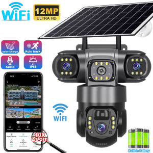 12MP HD Solar Outdoor Camera 3 Lens 3 Screen 10X Zoom CCTV Night Vision IP66 Waterproof PIR Human Detect Wifi Security Camera