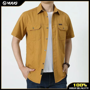 VUUG 2024 Summer Men Oversized Shirts Casual Loose Breathable Fashion Cotton Shirts Male Work Cargo Shirts Blouses Men Clothing 5XL