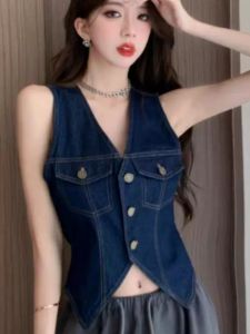 Retro Hong Kong Style Chic Denim Vest Women Summer Thin Pure Desire V-neck Sleeveless Slim Short Open Cardigan Top