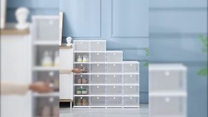ODOROKU Set of 3/6/9/12 Foldable Shoe Rack Organizer Installation Free Plastic Collapsible Shoes Storage Box Clear Shoe Boxes Stackable with Door Easy Assembly Shoe Cabinet Bins with Lids