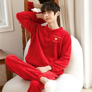 Mens Coral Fleece Pajamas Thickened Flannel Long Sleeve V-neck Home Clothes Winter Warm Soft Fabric Easy to Wear And Remove