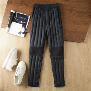 Mens down Pants Lightweight Elastic Knee-Pad Comfortable Not Tight Winter Large Fluffy White Duck down Long Trousers