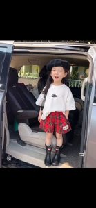 Terbaru Korean Style Setelan Anak Perempuan T-Shirt kartun Lengan Pendek+Celana Pendek Kisi-kisi merah- Usia 2-8 Tahun