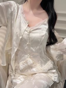 Ice Silk Lace Sleepwear Set Womens Spring Autumn Three-Piece Strap Home Clothes Long Pants round Neck Button Front Closure