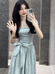 BeautyMark | Blue Simple Elegant Long Dress Summer 2025 New Womens Unique Beautiful Dress High Waist A-Line Skirt Short Sleeve Square Neck