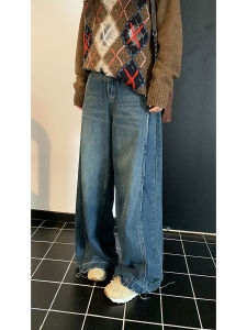 High Waist Wide Leg Straight Jeans Womens Loose Fit American Retro Blue Denim Trousers Autumn New Style Ladies Fashion