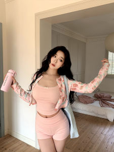 Cherry Pink Print Fat Kitty Cute Home Wear Top And Shorts Set Long Sleeve round Neck Comfortable plus Size Womens Fashion Set