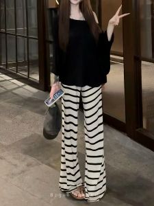 Elegant High Waist Knitted Wide Leg Pants Draped Casual Long Stripes Fairy Style Loose Fit Straight Cut Floor Length Trousers