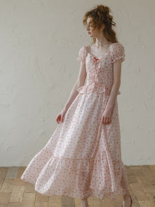 Slimming French Polka Dot Butterfly Knot Tea Break Skirt High Waist Bell Sleeve A-Line Dress Womens Summer New Style