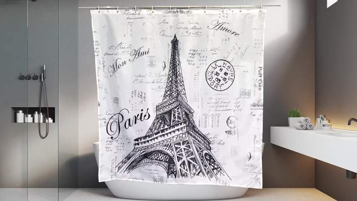 Eiffel Tower Shower Curtain R Hand-Painted Postmar Seal France Romantic European Paris City Architectural Cultural Landmark Printing Fabric Bathroom Decor Curtain Set with Hook