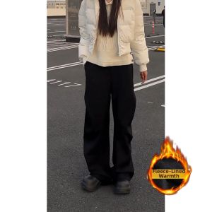 OUMULONG | Black Wrinkled Trumpet Fit Warm Trousers Pants