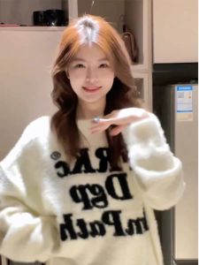 Mink-like Wool American Retro Letter Soft Glutinous Sweater Female Autumn and Winter New Lazy Wind Loose Thickened Sweater