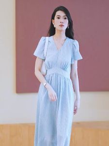 Roey s house | French Puff Sleeves Striped V-Neck Big Skirt Summer Dress