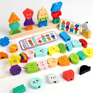 Wooden Expression Bead Stringing Toy – 40 Geometric Blocks & 30 Cards Educational Concentration Training Game for Kids Ages 2-6 Fine Motor Skills & Creativity