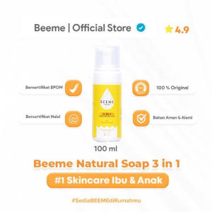 Beeme Natural Soap 3 in 1 dengan madu dan sereh untuk perawatan kulit ibu dan anak. Bersertifikat BPOM Halal 100% asli bahan aman dan alami. Isi 100 ml.exp 01/28