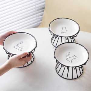 ชามเซรามิคสําหรับแมว ชามสัตว์เลี้ยงแบบตั้งพื้นสูงสําหรับของว่างและอาหารแมว การออกแบบที่ทนต่อปลายป้องกันโรคคอ