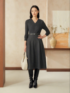 French Elegance Gray V-Neck Cinched-Waist Wool Blend Dress