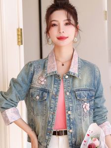 New Chinese Style Floral Embroidery Splicing Retro Casual Short Denim Jacket Womens Spring Autumn Top Fashion Commute Loose Fit