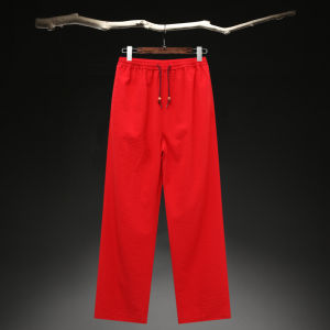 Loose Cotton Linen Mens Casual Pants Straight Leg Summer Thin Middle-aged And Elderly Large Size Red Pants High Waist