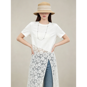 GULILI | White Lace Spliced Slit Dress Short Sleeve Summer