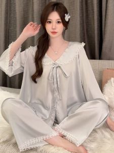 Pure Desire Style Ice Silk Long Sleeve Womens Sleepwear Set Sweet Lace Home Clothes Autumn 2024 New Collection