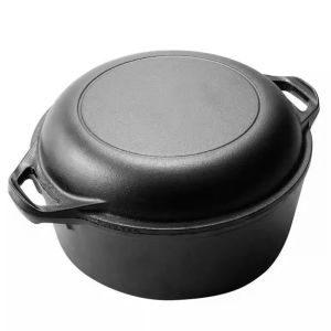 2 in 1 Cast Iron Dutch Oven with Skillet Lid for Bread Baking and Camping Cooking Heavy Duty Black Coating