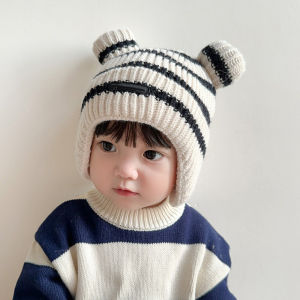 Cute Knitted Striped Baby Earmuff Beanie Winter Cotton Lining Thick Warm Hat Windproof Toddler Boys Girls Ear Protection Cap