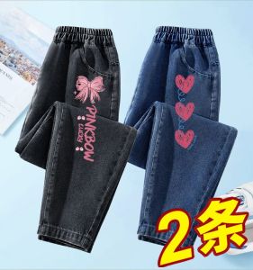 Spring Autumn Loose Childrens Jeans for Girls Big Kids Fashionable Outerwear Long Pants Casual mid Waist Elastic Belt