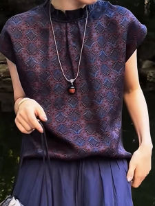 QINGNAER | Áo Blouse Cổ Đứng Tay Ngắn Dày