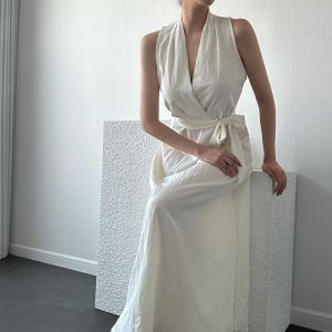 Elegant Korean Style Summer French Cross V-neck Sash Waistless Sleeveless Vest Dress Midi Skirt High Waist Polyester Fiber